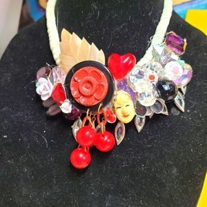 Wendy Gell Necklace Bakelite looking cherries Swarovski jewels flowers Face.